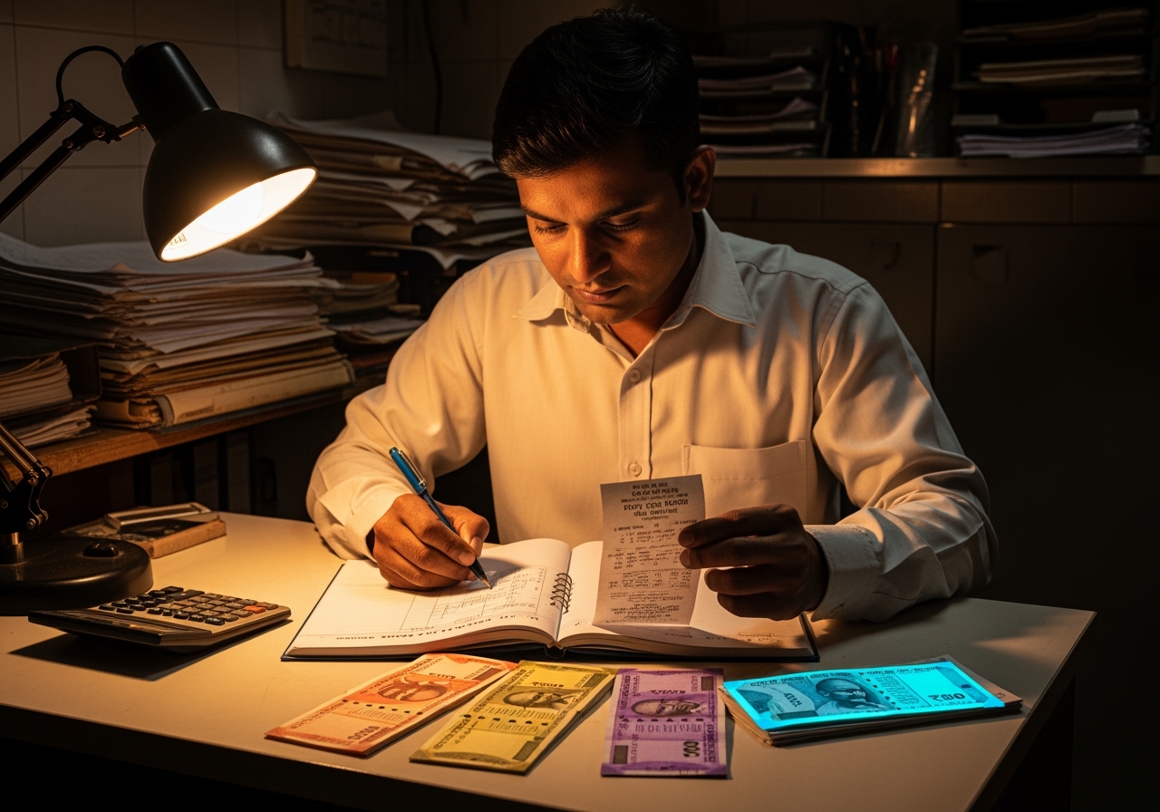 Cashier in a clean uniform shirt sitting at a back-office counter carefully writing a petty cash voucher entry, calculator beside
