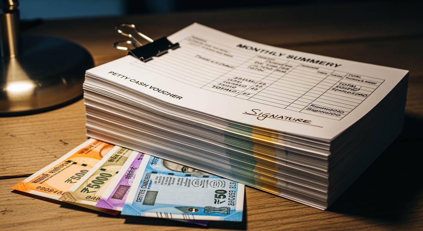 Neat stack of forty completed petty cash vouchers held with a binder clip on a wooden table, monthly summary on top