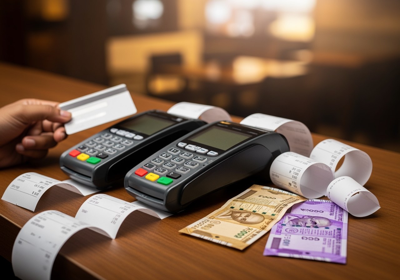 Cashier at a small QSR billing counter handing back a card payment receipt, payment terminal beside the till