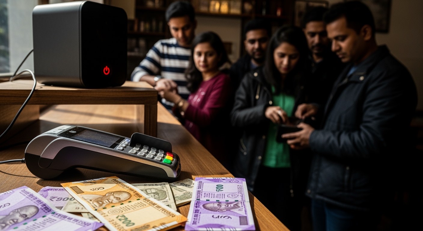 Tap-to-pay terminal on a counter with a small queue of customers, Soundbox-style speaker visible