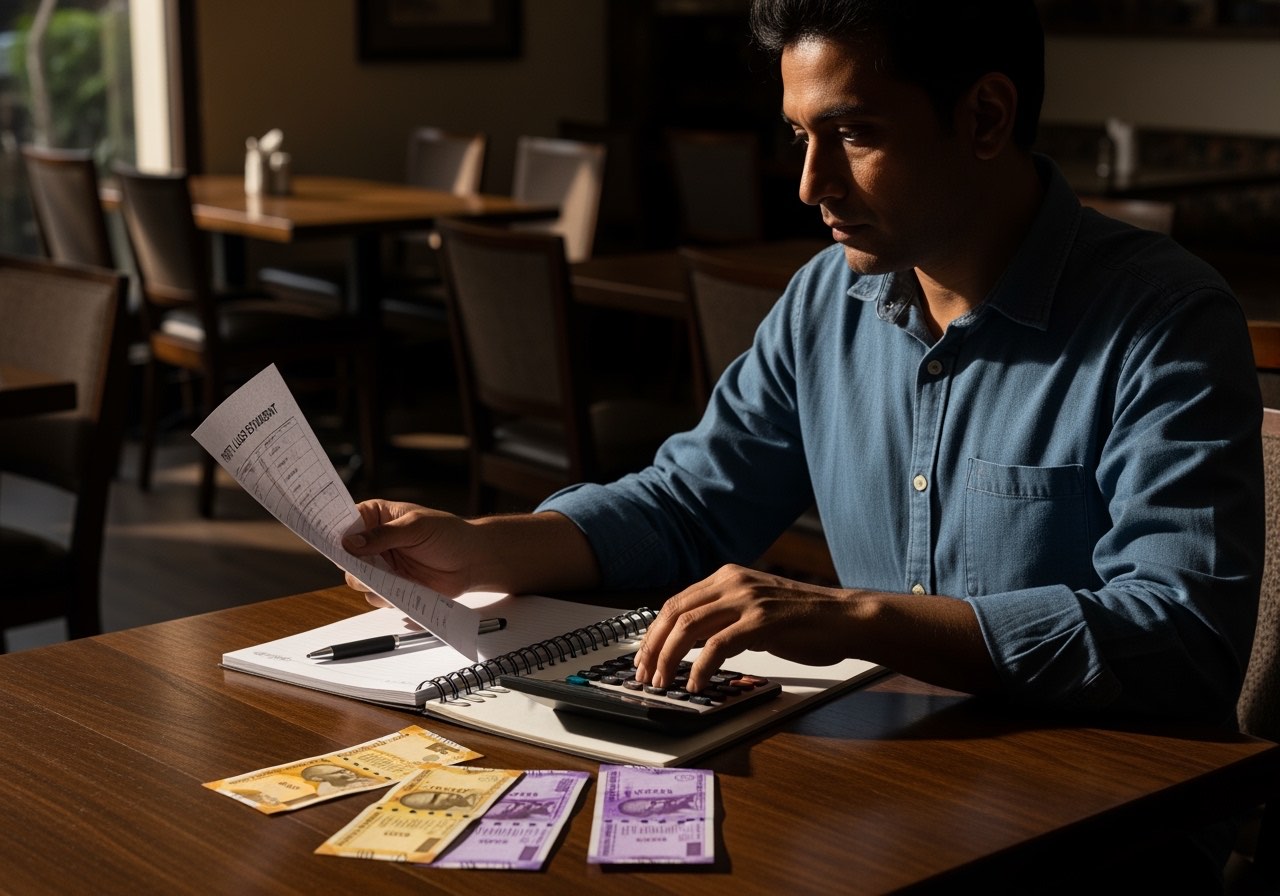Composite restaurant owner reviewing a P&L printout at an empty dining table mid-afternoon, calculator and notebook on the table, soft natural light, no logos