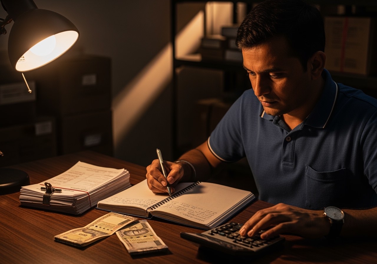 Owner reviewing a notebook and a calculator at a back-office desk with supplier bills clipped together on the side, warm tungsten light, no logos