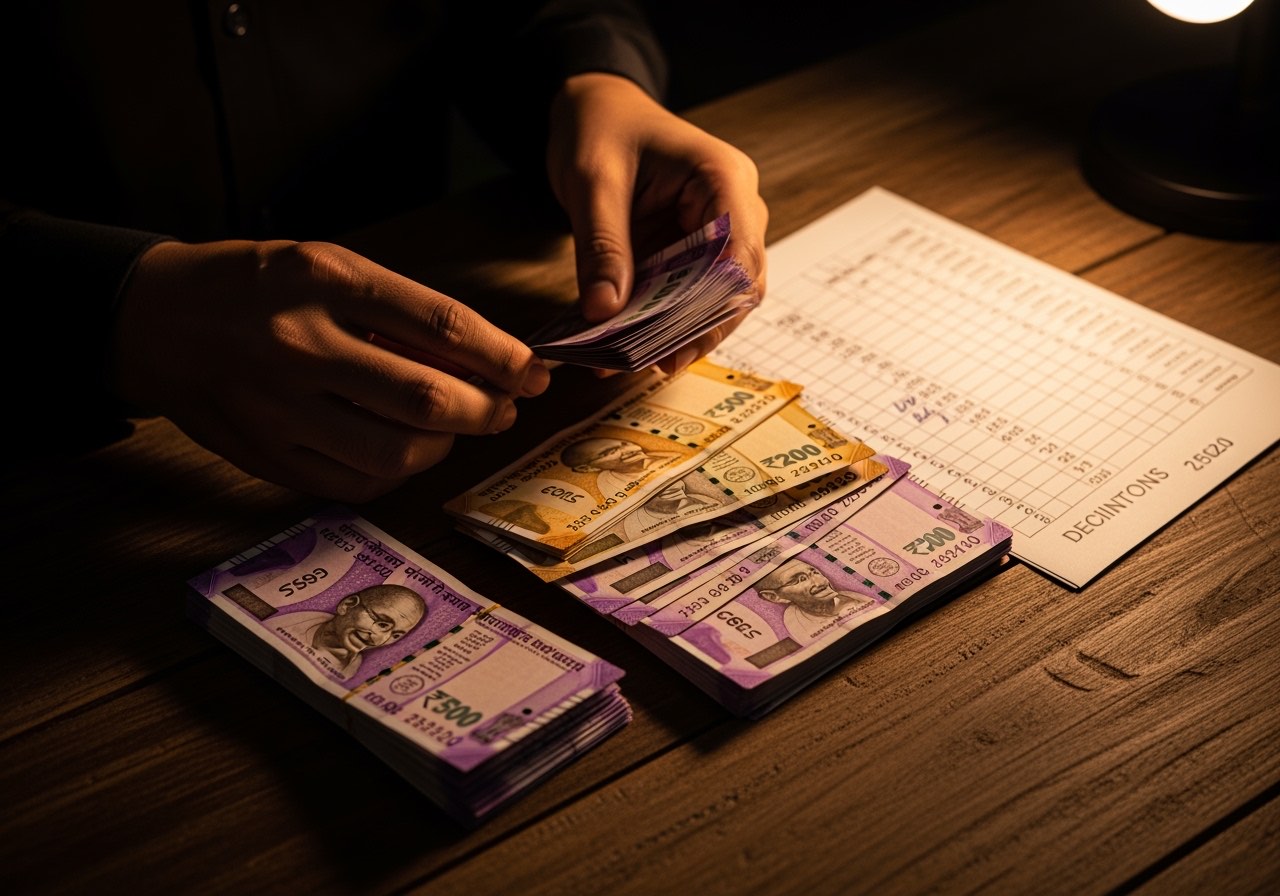 Indian restaurant manager counting cash by denomination at closing till
