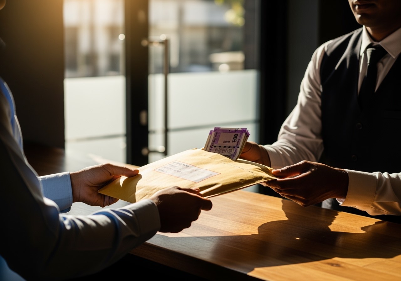 Cashier handing sealed deposit envelope to morning manager at restaurant counter