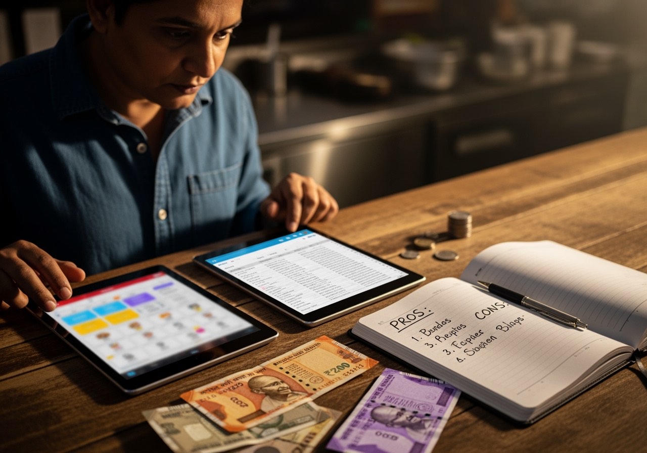 Restaurant owner comparing tablet POS apps on counter beside paper close binder