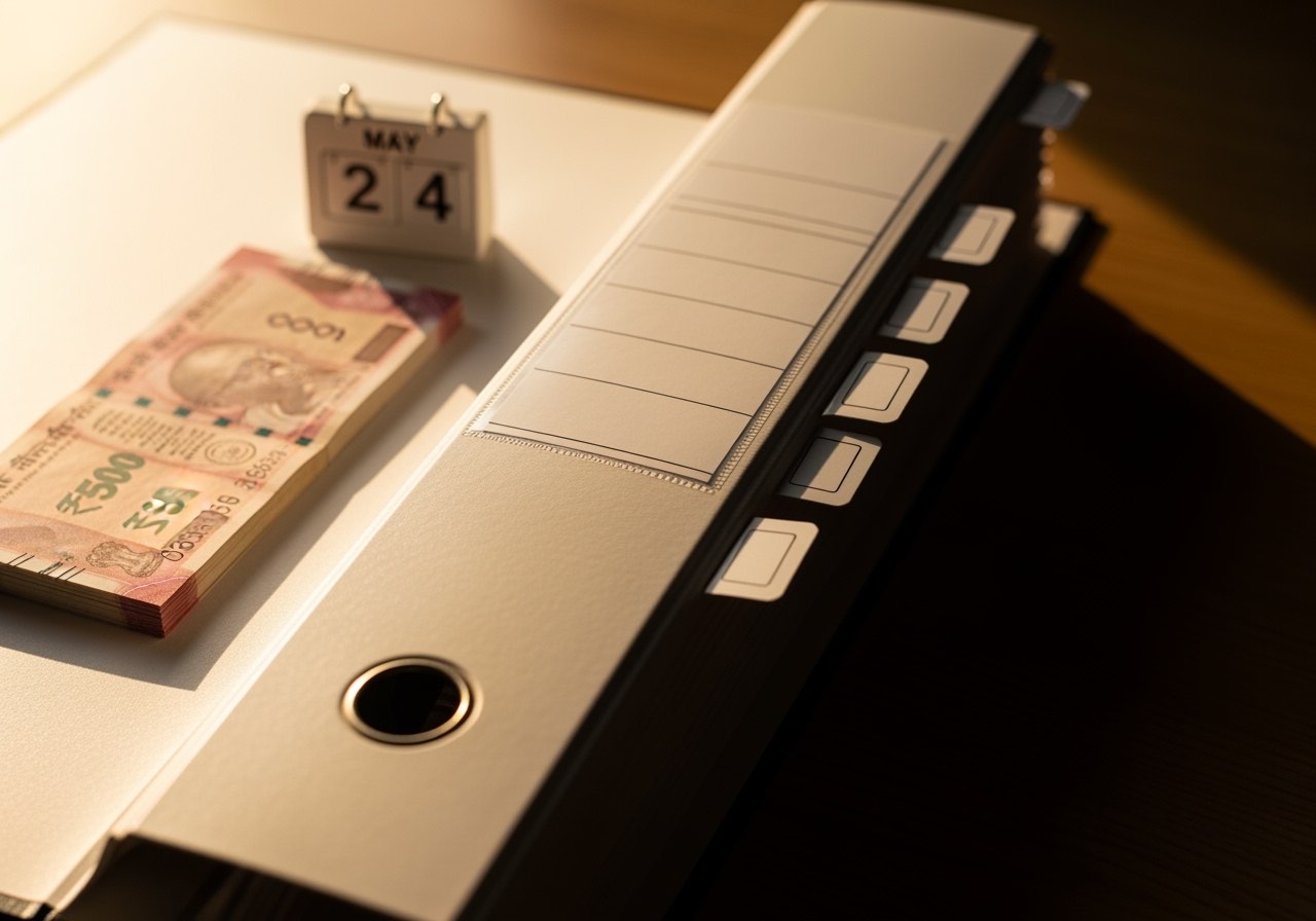 Compliance binder labelled by month with tabbed dividers on a desk