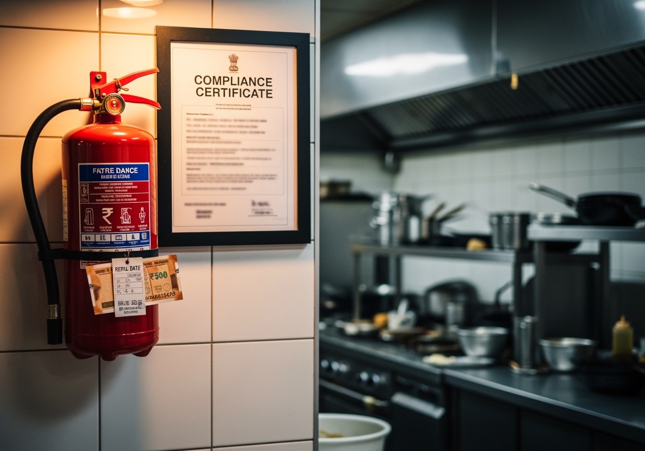 Fire extinguisher and FSSAI certificate displayed on a restaurant wall