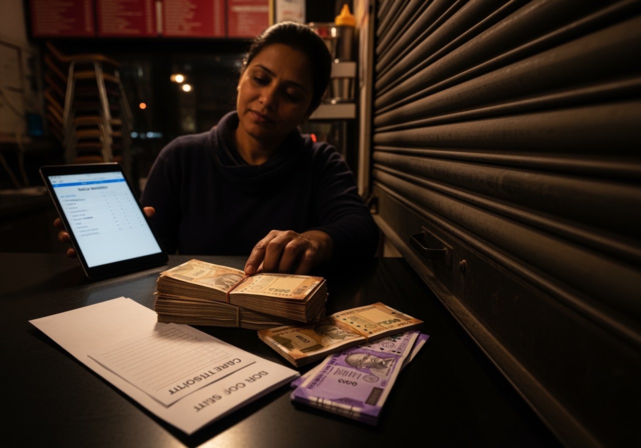 Owner closing the day at a small QSR — counter rolled down, tablet in hand, deposit slip on top of cash envelope