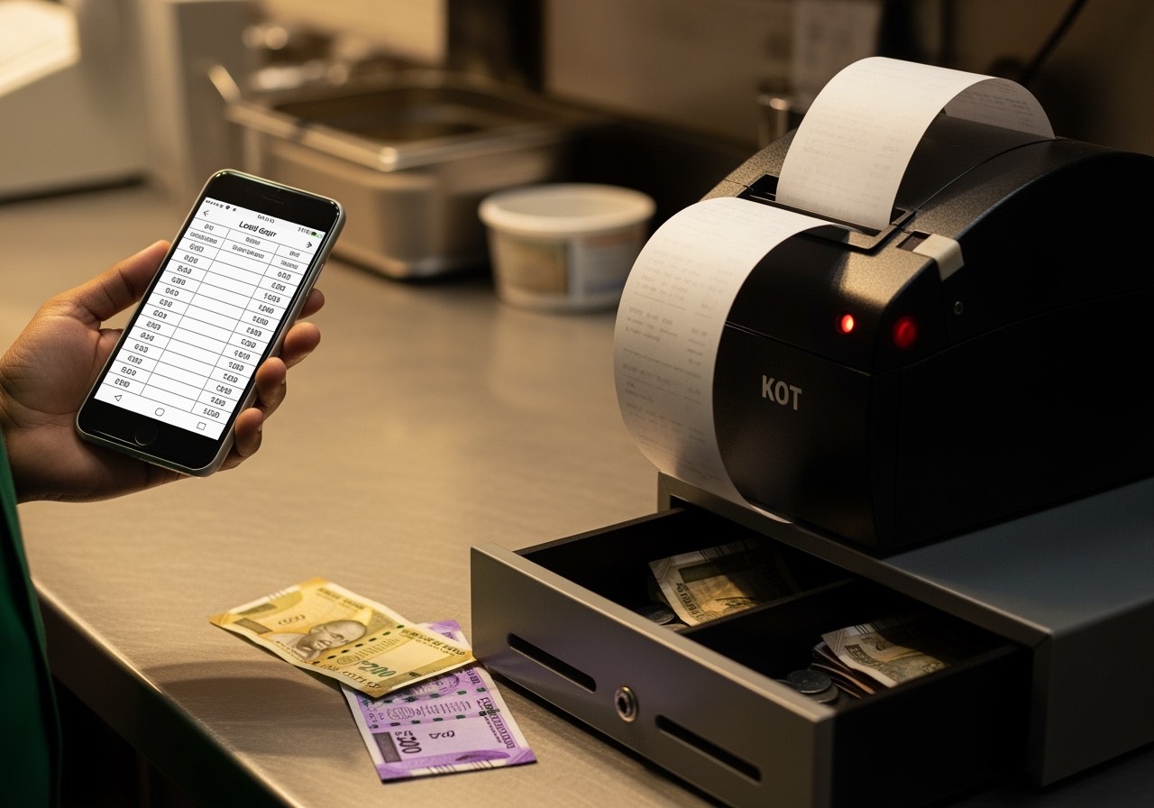 NCR के एक outlet में cashier Petpooja KOT print कर रहा है, side में Khatabook open है