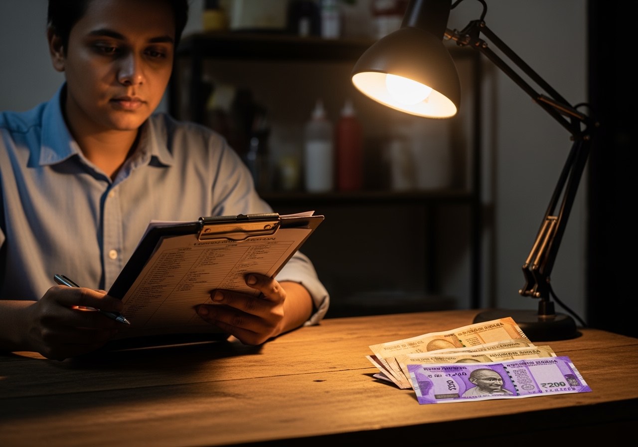 Composite restaurant manager with a clipboard reviewing a roster sheet at the back office, warm tungsten light, no logos