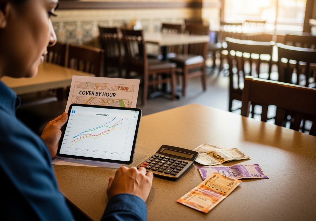 Composite operator at the dining floor mid-afternoon reviewing a printed cover map on a tablet, calm warm light, no logos visible