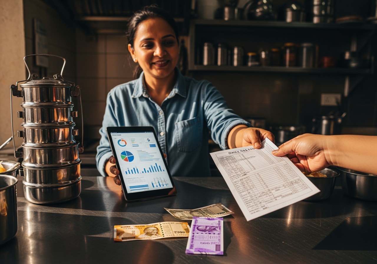 Owner at a small QSR counter looks between a tablet and a printed daily sales sheet with steel tiffin boxes stacked behind