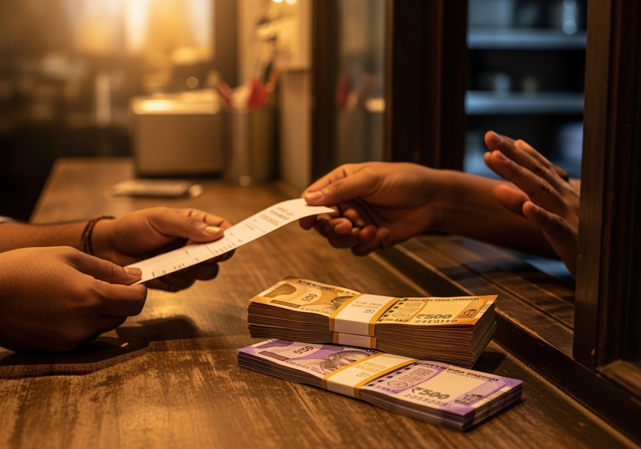 Operator hands handing a deposit slip across a counter to a teller-style window, denomination strap visible