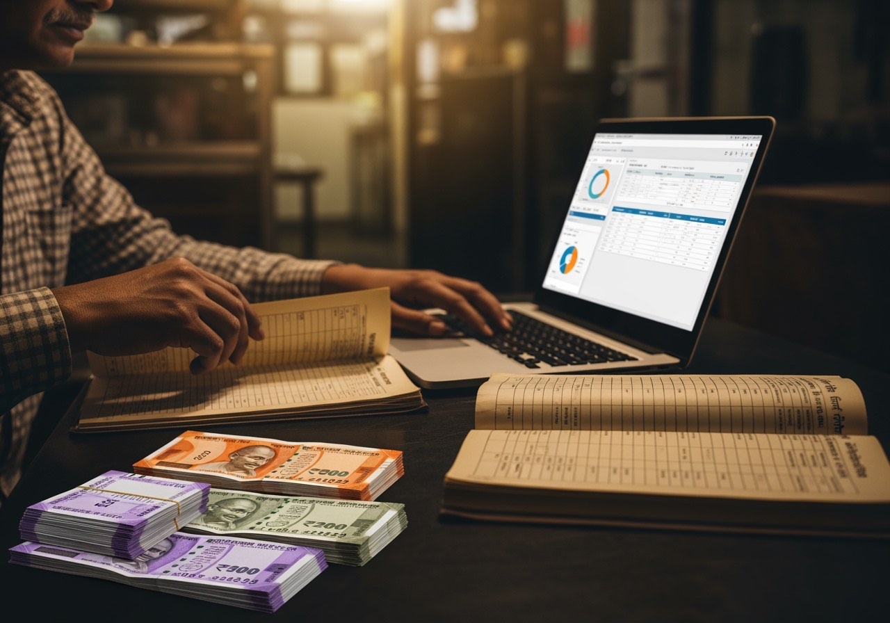 Owner reviewing payroll software demos on a laptop alongside the current Excel salary register