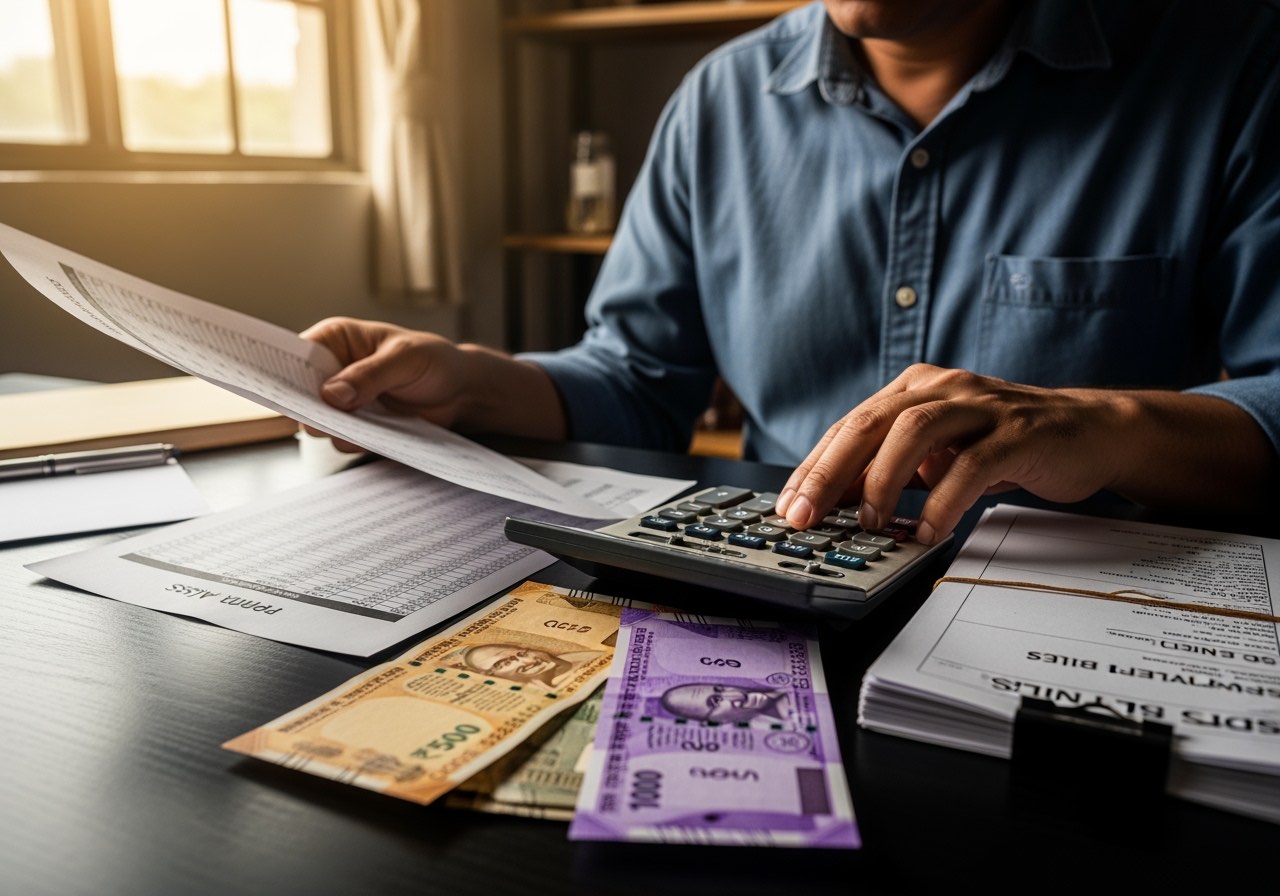 Owner at a back-office desk reviewing a printed restaurant P&L spreadsheet with a calculator and a stack of supplier bills, warm tungsten light, no logos