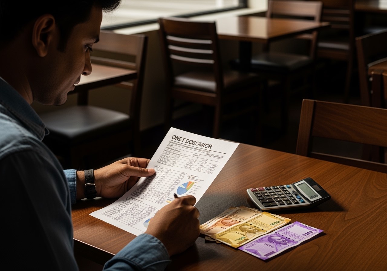 Composite operator at an empty dining table mid-afternoon reviewing a printed unit-economics one-pager and a calculator, soft natural light from the front window, no logos