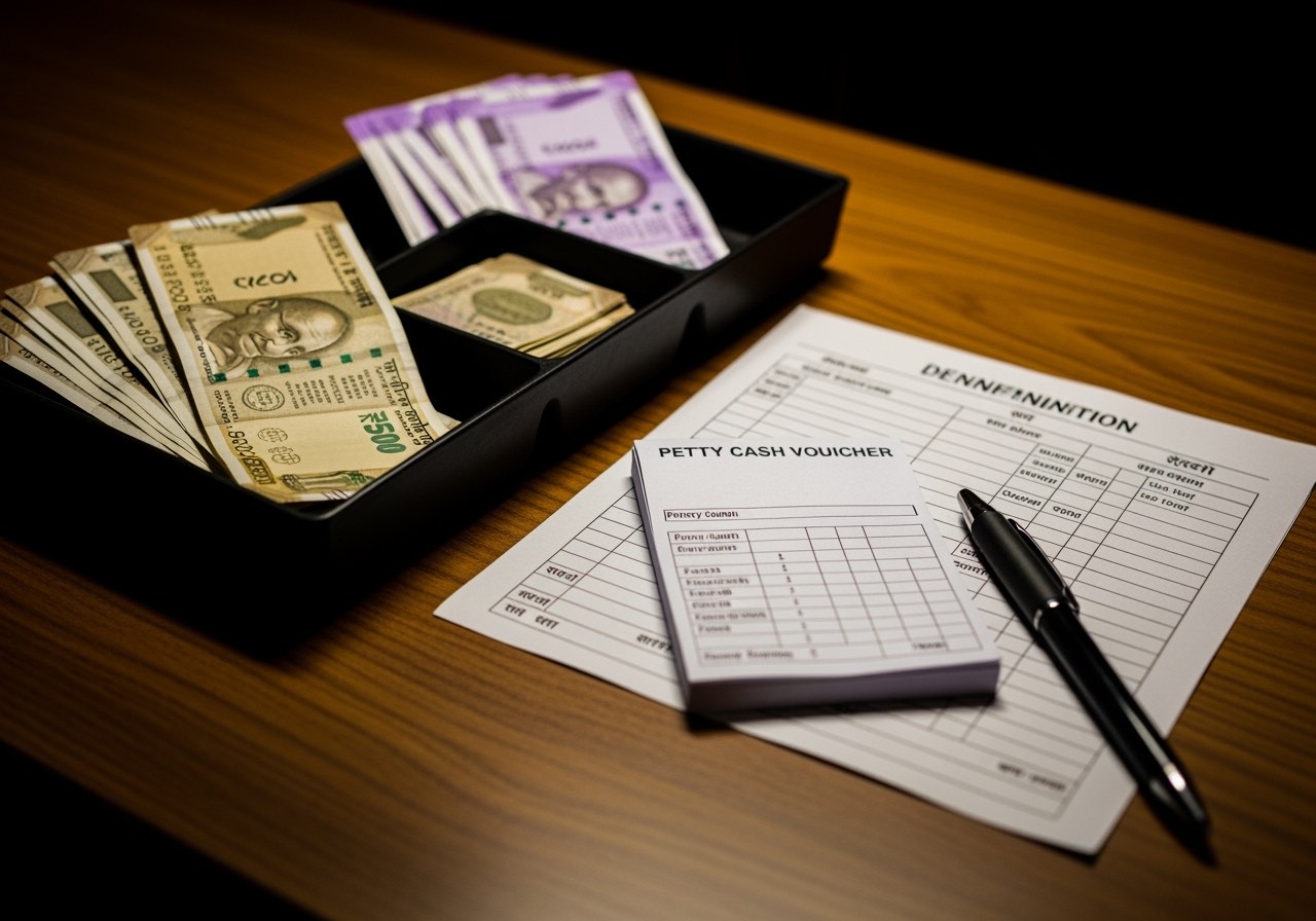 Hindi-labelled cash counting station with denomination tray and voucher pad