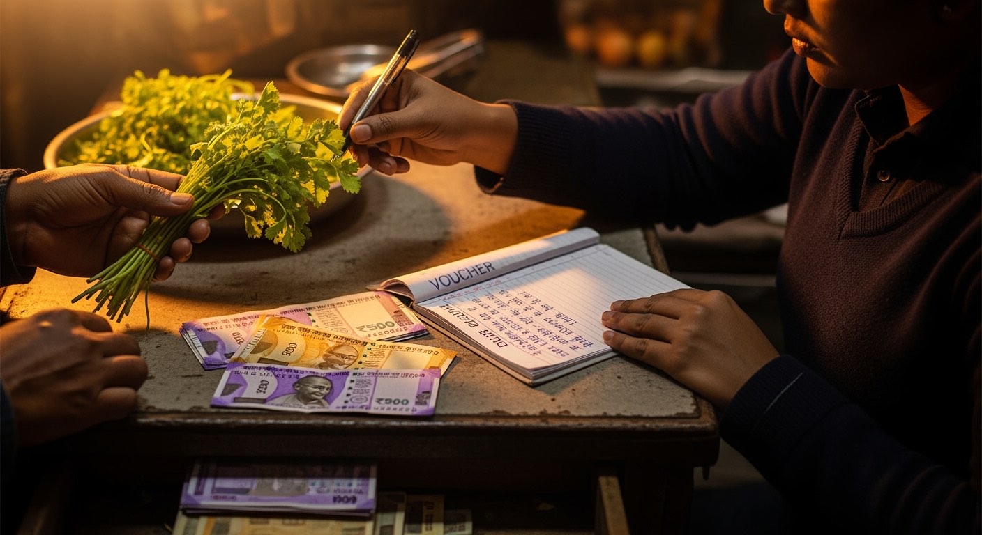 Cashier filling petty cash voucher at moment of vendor payment in restaurant