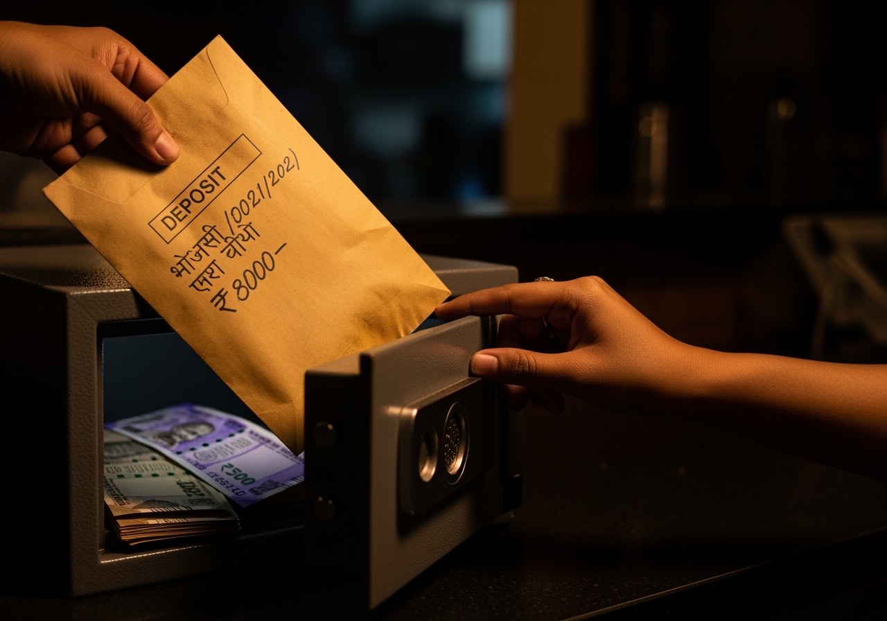 Sealed deposit envelope with handwritten date and amount being placed in restaurant safe