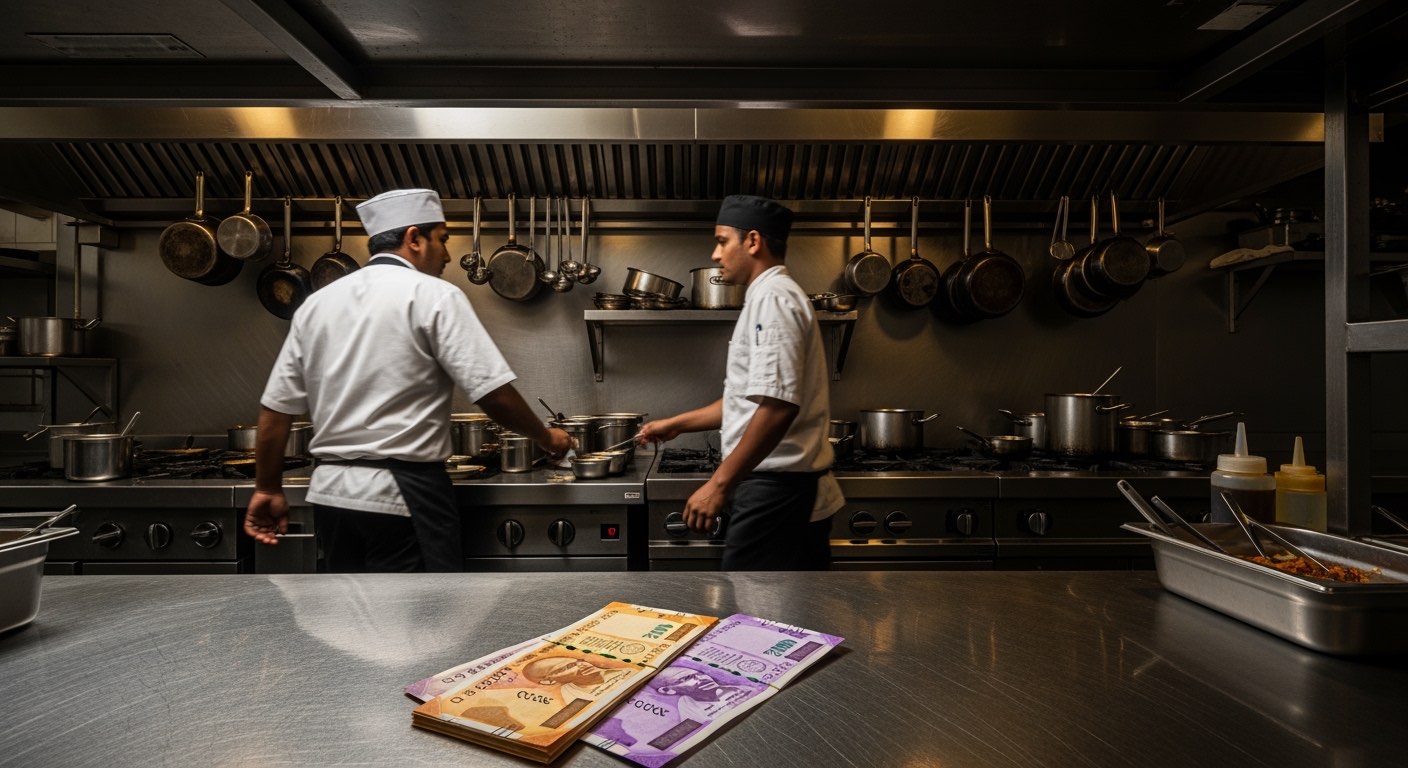 Restaurant kitchen line at shift change with both teams briefly overlapping