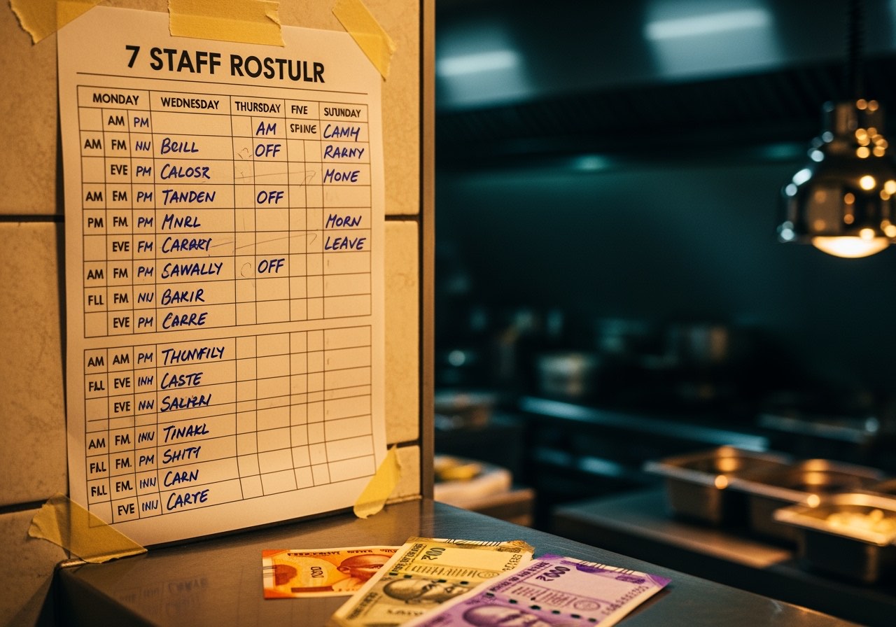 Indian restaurant manager drawing shift roster on whiteboard with staff names