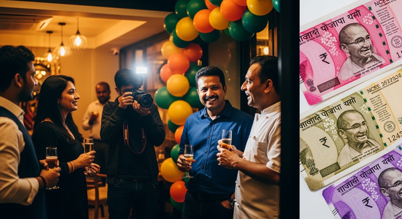 Grand opening event at a restaurant — guests, photographer, owner with chef