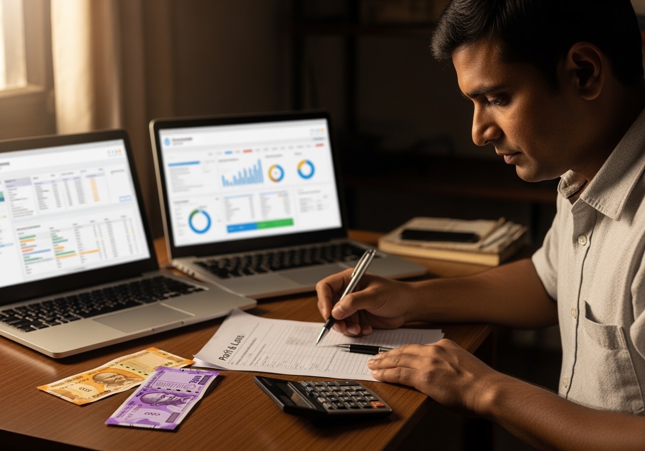 Back-office desk in a Mumbai restaurant — keyboard, monitor showing a generic ledger screen, supplier bills in a wire basket