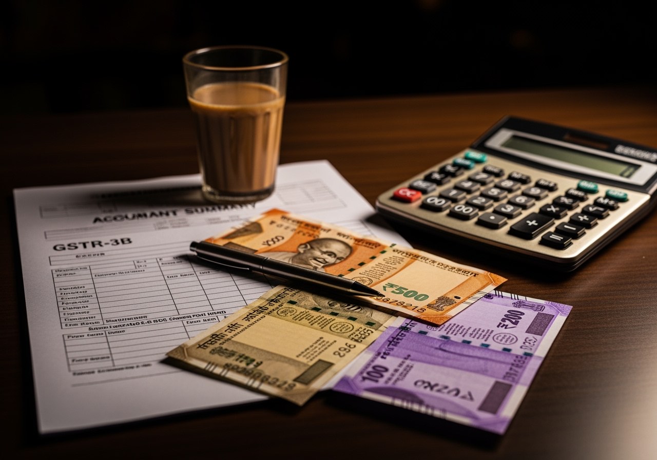Accountant's desk at month-end — printed GSTR-3B summary, calculator, half-empty chai glass, no readable text