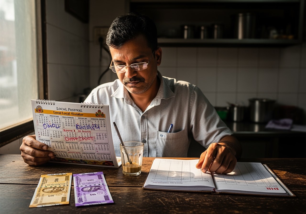 Owner at the kitchen back-counter going through a printed local festival calendar — pen marks on Diwali, Karwa Chauth, Bhai Dooj