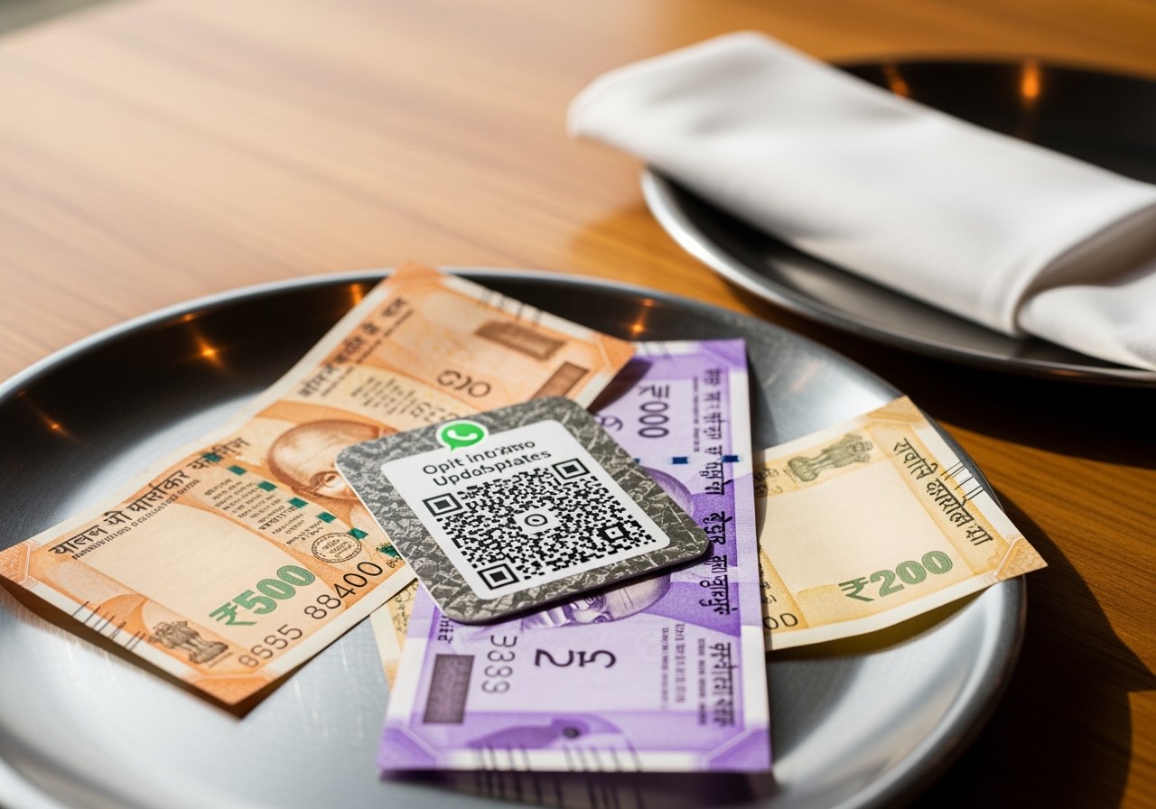 QR code printed on a small card on a restaurant table for opting in to WhatsApp updates