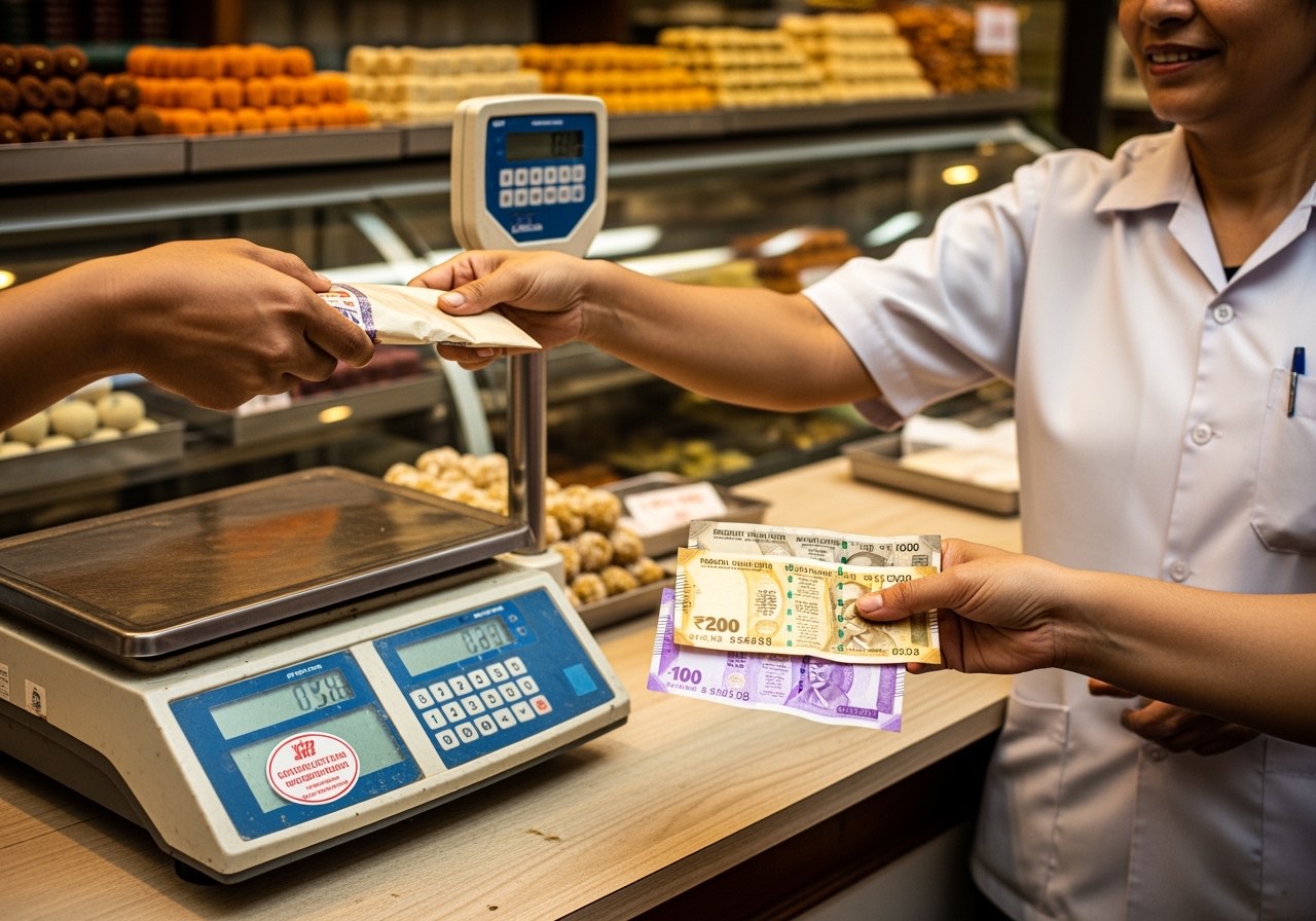 Takeaway counter at an Indian sweets-and-savoury shop, calibrated electronic weighing scale visible on the counter with a verification sticker, owner in clean uniform helping a customer