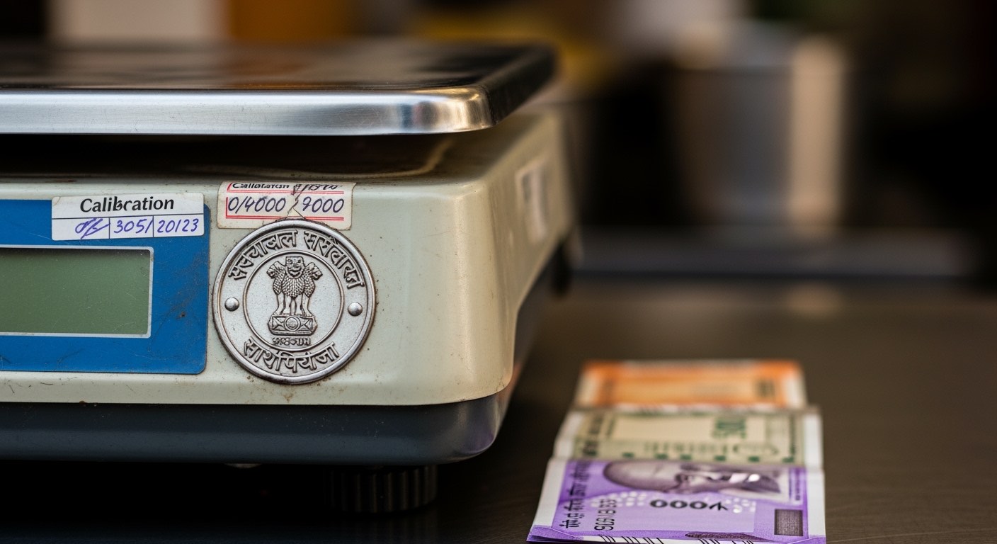 Close-up of a verification stamp seal on the side of an electronic weighing scale at a takeaway counter, slightly worn but legible, with the calibration sticker visible