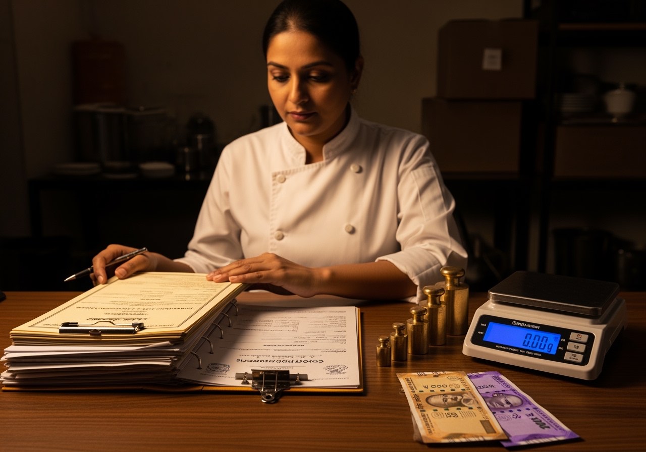 Owner reviewing a stack of compliance certificates and a small set of calibration weights at a back-office desk, calm focused lighting, no logos